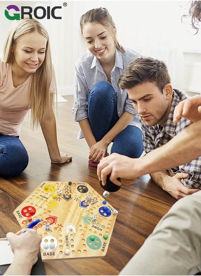 GROIC - Wooden Board Game,Ludo Board Game,Large Size Original Marble Game Board Game Double Sided Painted 6&4 Player,Fast Track Board Game Wooden with 6 Colors 24 Marbles 6 Dice - Image 1