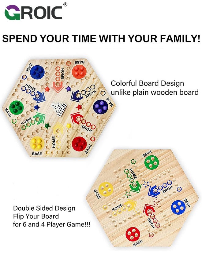 GROIC - Wooden Board Game,Ludo Board Game,Large Size Original Marble Game Board Game Double Sided Painted 6&4 Player,Fast Track Board Game Wooden with 6 Colors 24 Marbles 6 Dice - Image 1