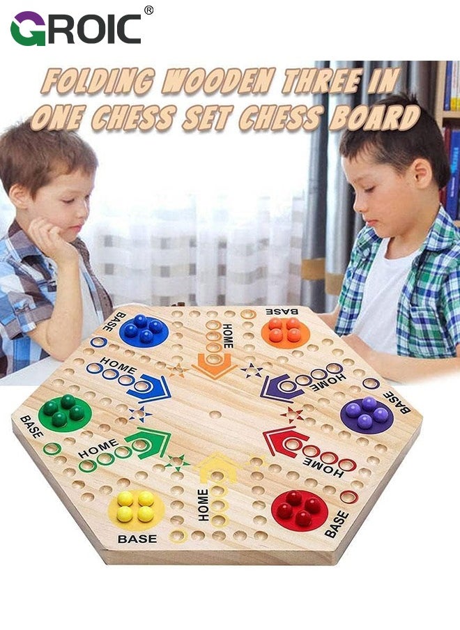 GROIC - Wooden Board Game,Ludo Board Game,Large Size Original Marble Game Board Game Double Sided Painted 6&4 Player,Fast Track Board Game Wooden with 6 Colors 24 Marbles 6 Dice - Image 1