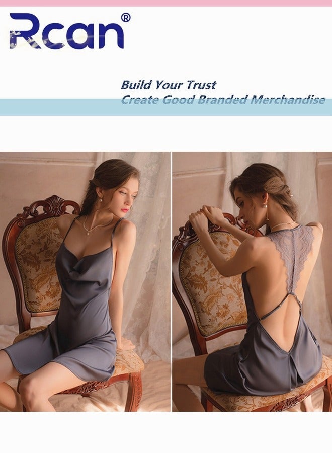 Rcan Fashion French Vintage Style Court Women's Home Lingerie Satin Backless Sling Ladies Boudoir Dress V-Neck Pajamas Short Mini Nightdress Sleepwear - Image 3
