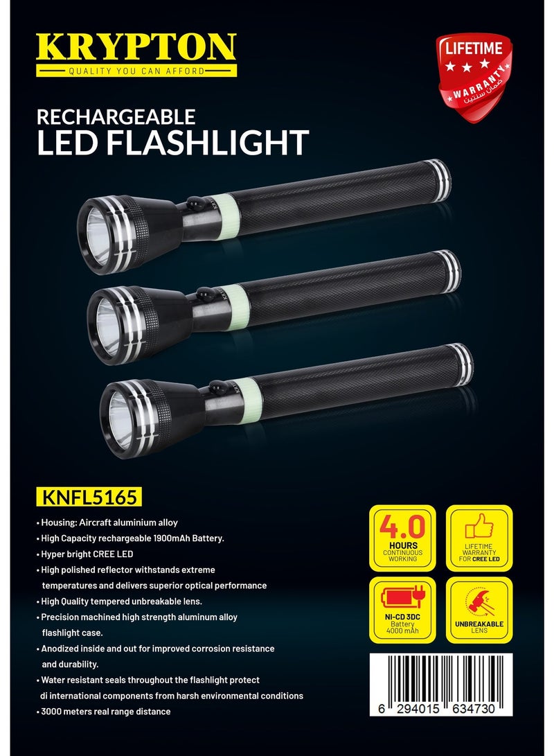 Krypton Rechargeable LED Flashlight KNFL5165 | Pack of 3 | Hyper Bright CREE LED | 3000m Long Range | 4 Hours Working | Aircraft Aluminium | Black - Image 3