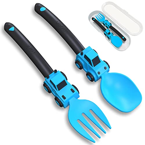Deinyi Construction Toddler Utensils - Toddler Forks and Spoons - Kids Construction Truck Utensils - Forks and Spoons Silverware Set - Christmas Birthday Gift for 1 2 3 4 5 year old, Blue - Image 1