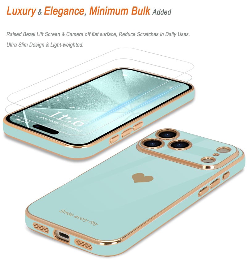 Teageo for iPhone 17 Pro Max Case with Screen Protector [2 Pack] Girl Women Cute Girly Love-Heart Luxury Gold Soft Cover Camera Protection Shockproof Phone Case for iPhone 17 Pro Max, Pearl Aqua - Image 3