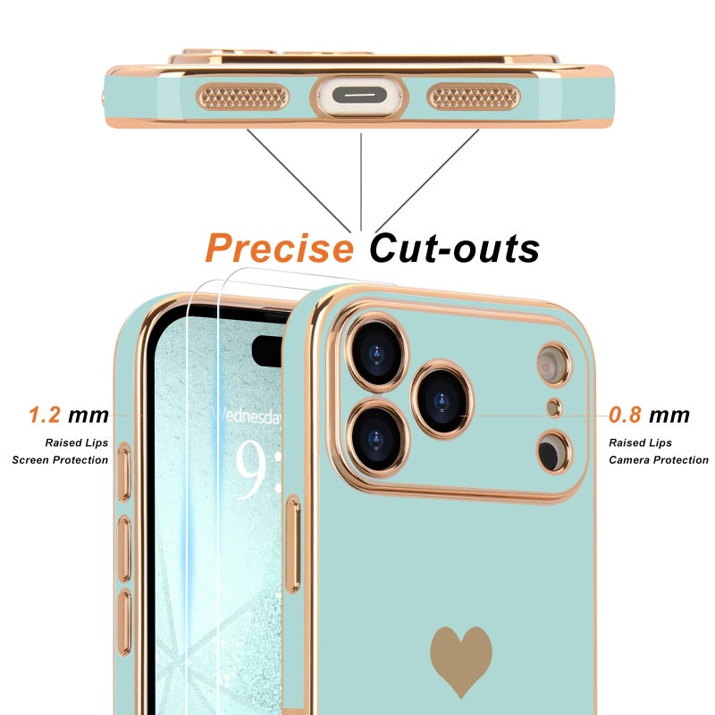 Teageo for iPhone 17 Pro Max Case with Screen Protector [2 Pack] Girl Women Cute Girly Love-Heart Luxury Gold Soft Cover Camera Protection Shockproof Phone Case for iPhone 17 Pro Max, Pearl Aqua - Image 2