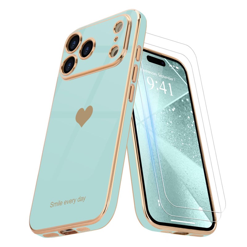 Teageo for iPhone 17 Pro Max Case with Screen Protector [2 Pack] Girl Women Cute Girly Love-Heart Luxury Gold Soft Cover Camera Protection Shockproof Phone Case for iPhone 17 Pro Max, Pearl Aqua - Image 1