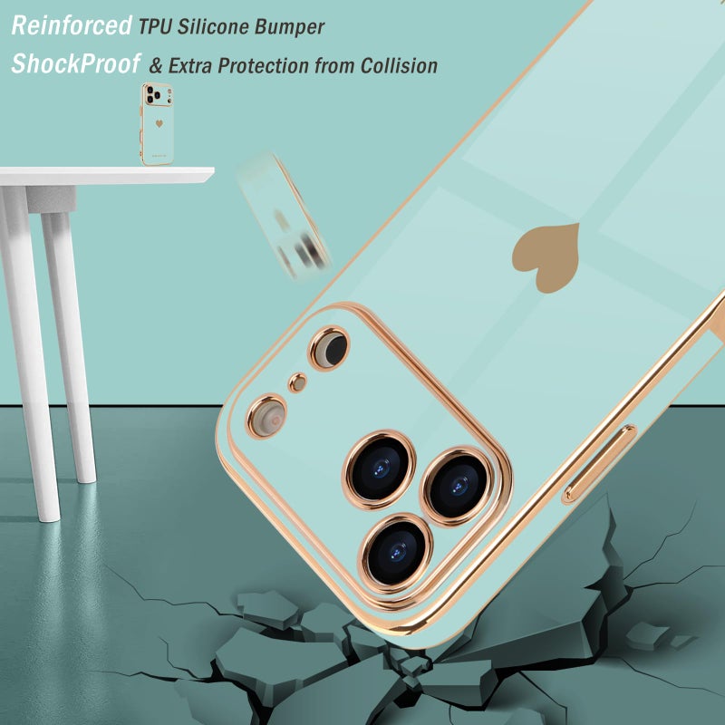 Teageo for iPhone 17 Pro Max Case with Screen Protector [2 Pack] Girl Women Cute Girly Love-Heart Luxury Gold Soft Cover Camera Protection Shockproof Phone Case for iPhone 17 Pro Max, Pearl Aqua - Image 4