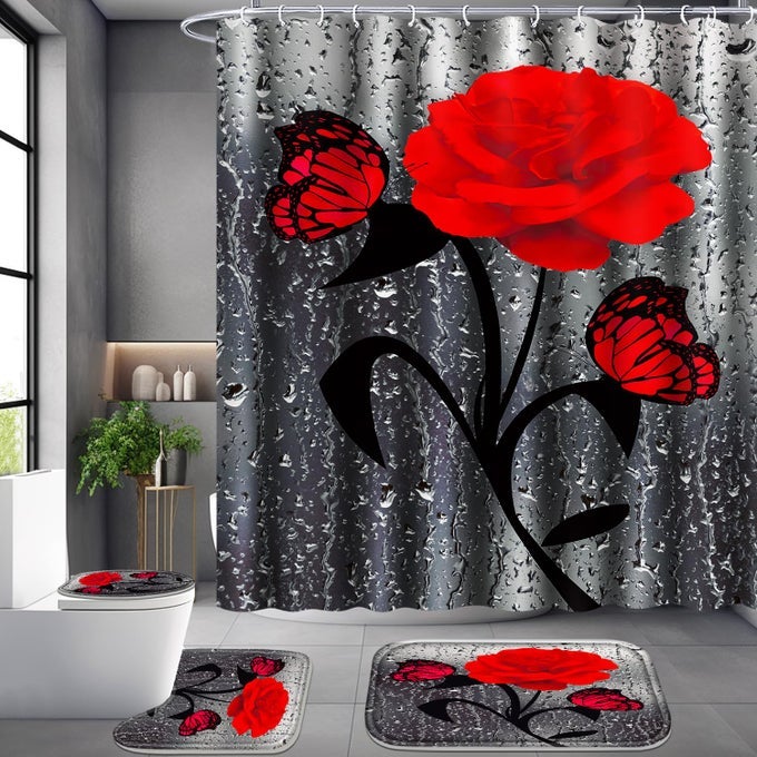 4 PCS BATHROOM SETRED ROSE SHOWER CURTAIN SETS FLORAL SHOWER CURTAIN SETS WITH RUGSBATH MATU SHAPE AND TOILET LID COVER MAT AND 12 HOOKS