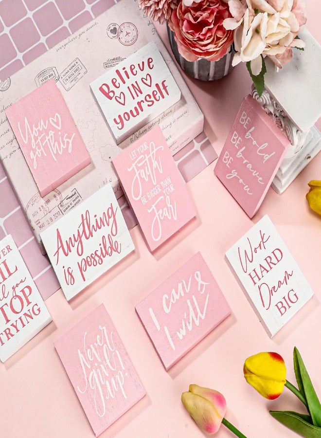 Rossesay 9 Pcs Mini Inspirational Wooden Signs Positive Quotes for Desk Motivational Quotes Table Wall Decor Tabletop Art Office Decor for Desk Home Classroom Office Employee Gifts(Pink) - Image 3