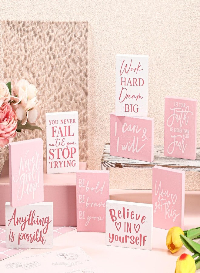 Rossesay 9 Pcs Mini Inspirational Wooden Signs Positive Quotes for Desk Motivational Quotes Table Wall Decor Tabletop Art Office Decor for Desk Home Classroom Office Employee Gifts(Pink) - Image 4