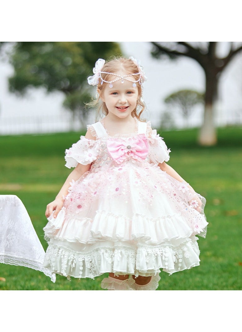 Loquat Girl's Lolita Fluffy Short Sleeved Off Shoulder Dress White/Pink  - Image 1