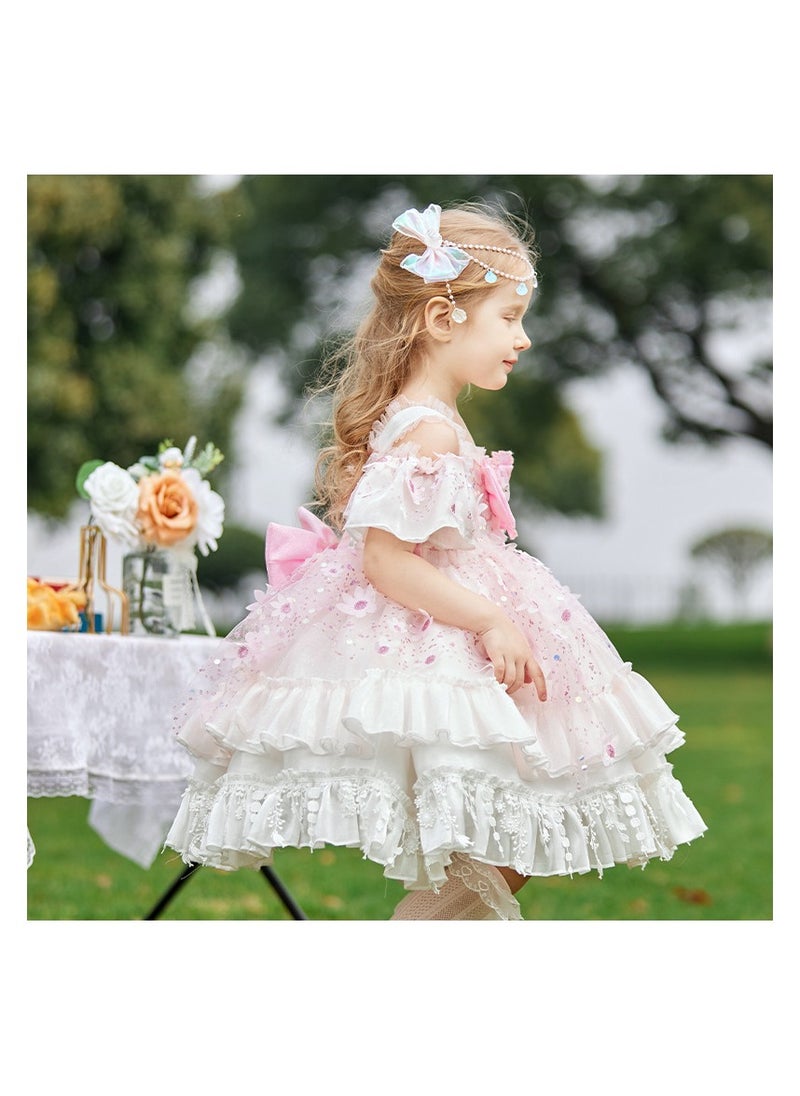 Loquat Girl's Lolita Fluffy Short Sleeved Off Shoulder Dress White/Pink  - Image 2