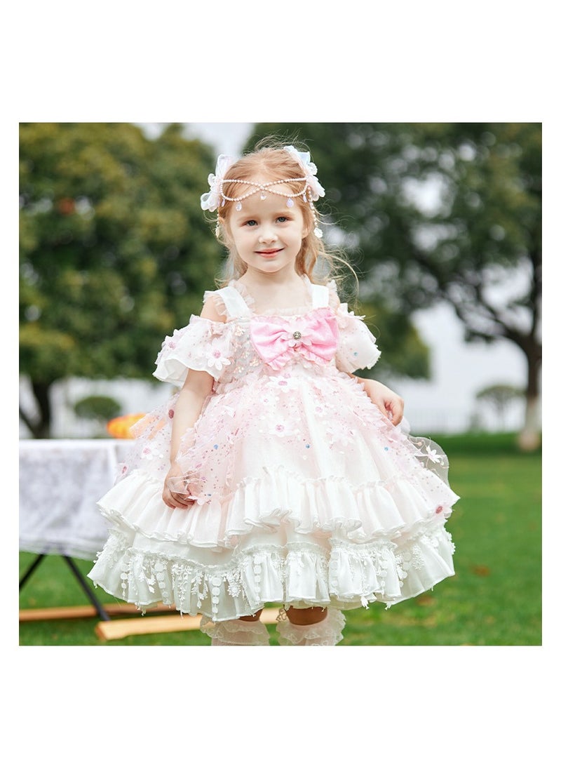Loquat Girl's Lolita Fluffy Short Sleeved Off Shoulder Dress White/Pink  - Image 4