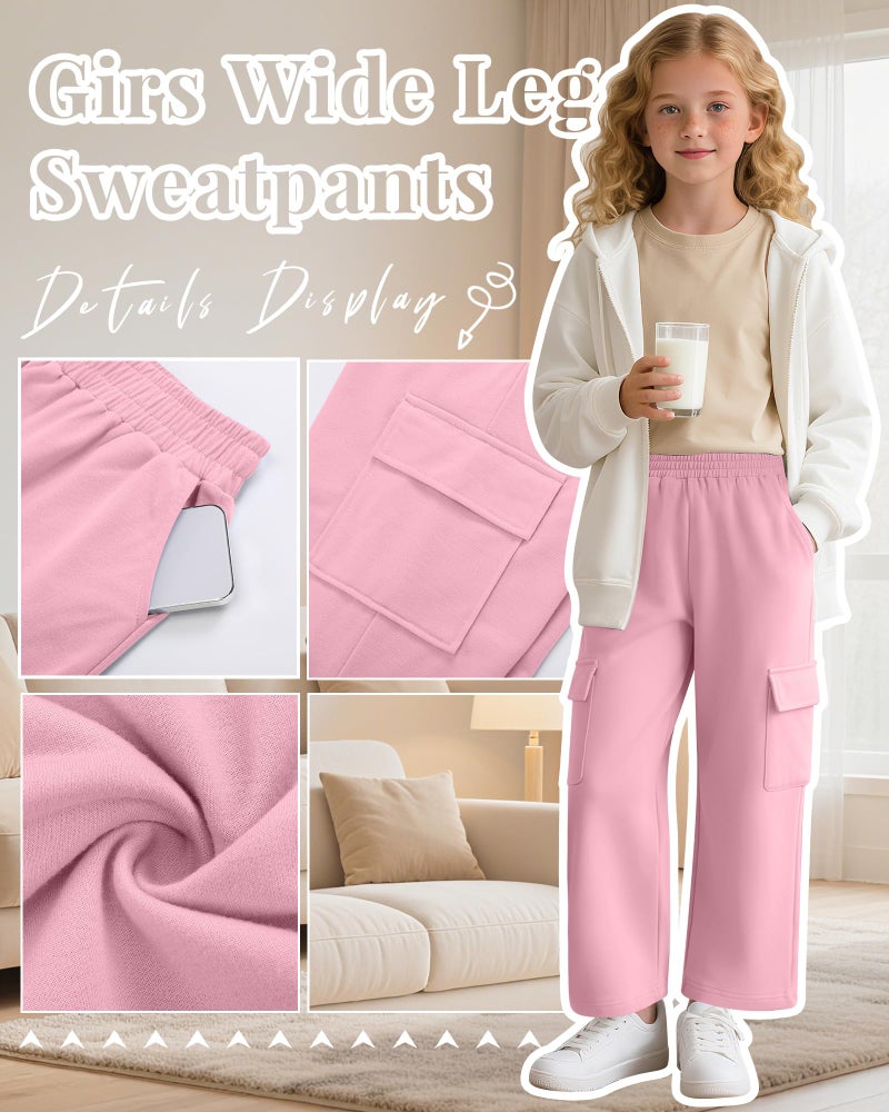 LessonZoo 4 Pack Girl's Wide Leg Sweatpants with Cargo Pockets Baggy Elastic High Waist Pants Kids Casual Athletic 5-14Y(Cream, Pink, Light Blue, Black,7-8 Years) - Image 5