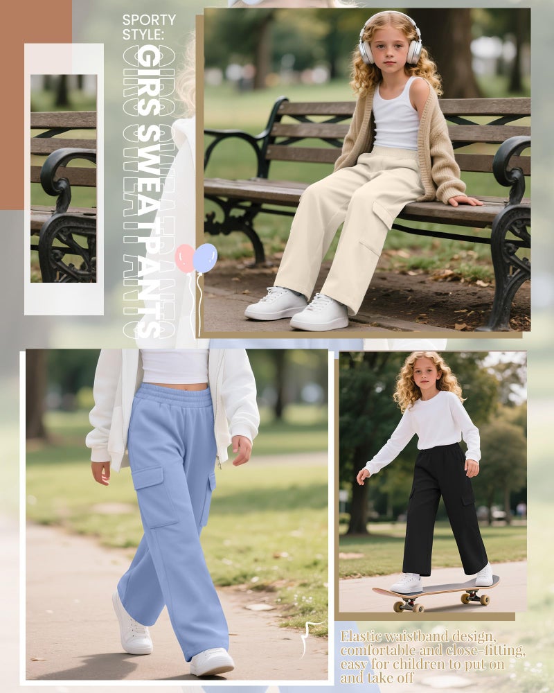 LessonZoo 4 Pack Girl's Wide Leg Sweatpants with Cargo Pockets Baggy Elastic High Waist Pants Kids Casual Athletic 5-14Y(Cream, Pink, Light Blue, Black,7-8 Years) - Image 2