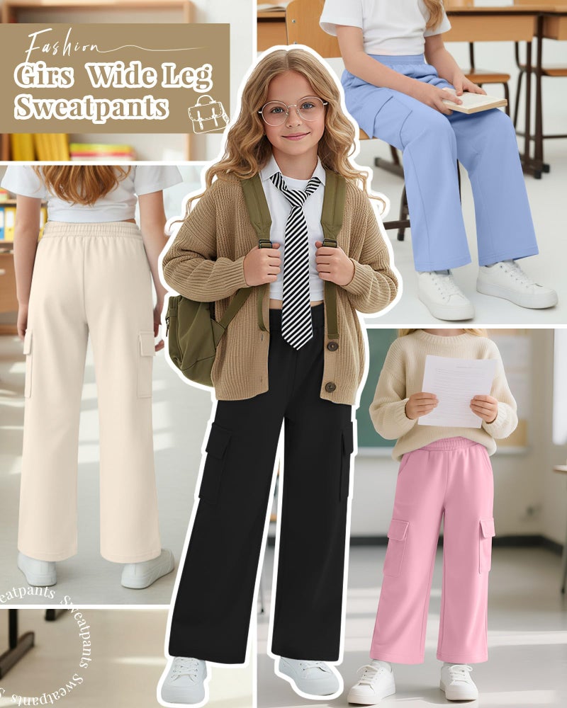 LessonZoo 4 Pack Girl's Wide Leg Sweatpants with Cargo Pockets Baggy Elastic High Waist Pants Kids Casual Athletic 5-14Y(Cream, Pink, Light Blue, Black,7-8 Years) - Image 4