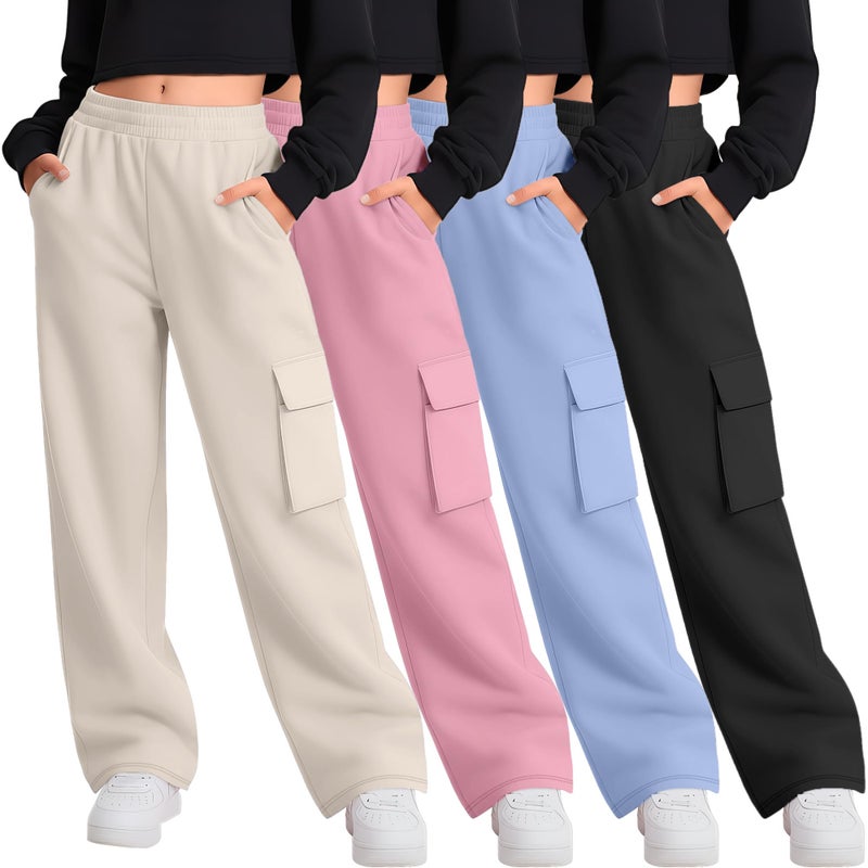 LessonZoo 4 Pack Girl's Wide Leg Sweatpants with Cargo Pockets Baggy Elastic High Waist Pants Kids Casual Athletic 5-14Y(Cream, Pink, Light Blue, Black,7-8 Years) - Image 1