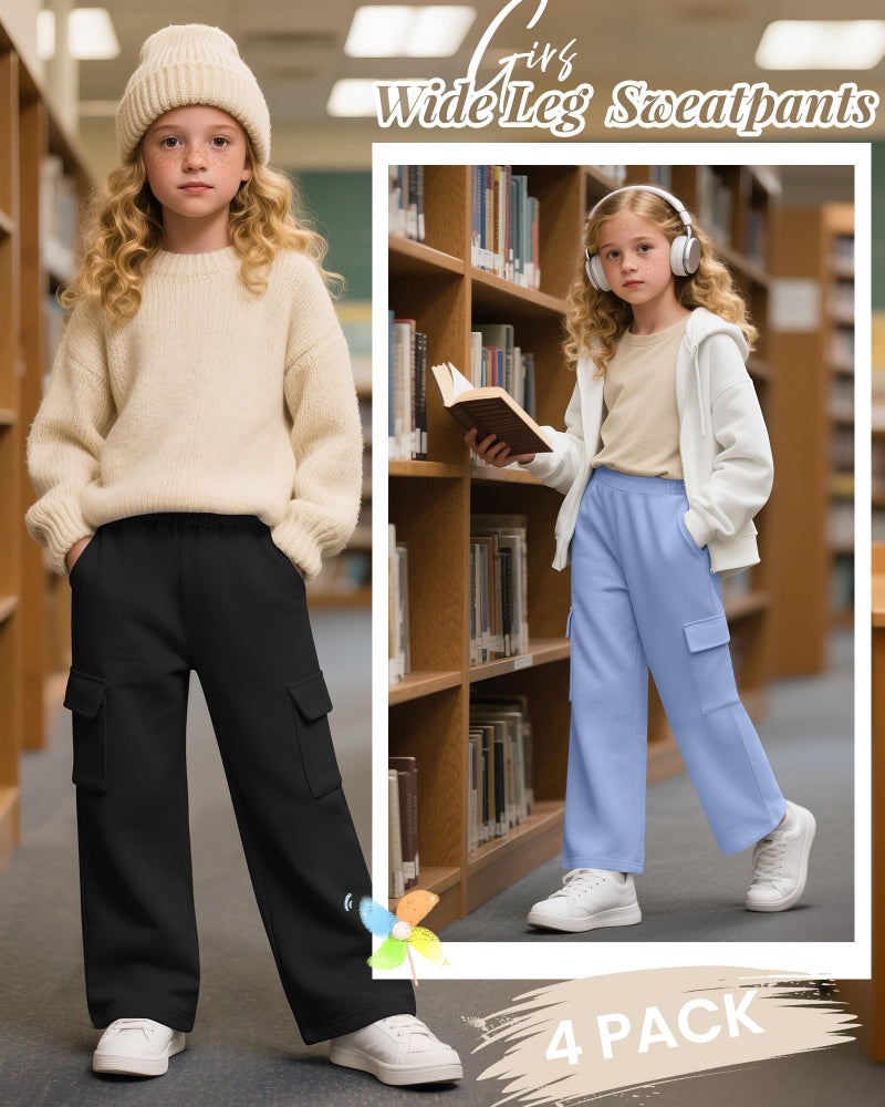 LessonZoo 4 Pack Girl's Wide Leg Sweatpants with Cargo Pockets Baggy Elastic High Waist Pants Kids Casual Athletic 5-14Y(Cream, Pink, Light Blue, Black,7-8 Years) - Image 3