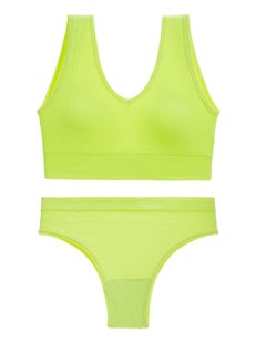 Loquat Women's Solid Color Fitness Set 2-piece Seamless Wireless Bra+Low Waisted Thong Shorts Yoga Suit Light Green 