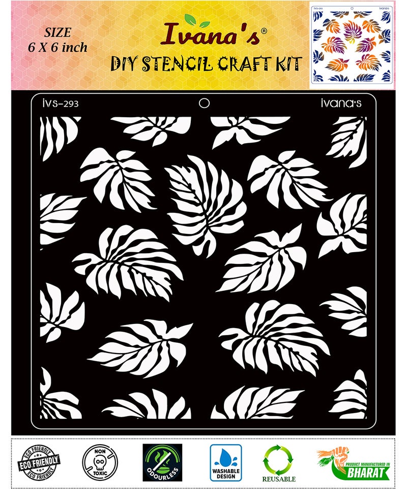 IVANA'S Leaves Reusable Stencil for Art & Craft, DIY Decorative Stencil for Painting on Canvas, Fabric, Cloth, Paper, Glass, Furniture and Wall, Size - 6 x 6 inch, Pack of 1, IVS-293, Off White - Image 1