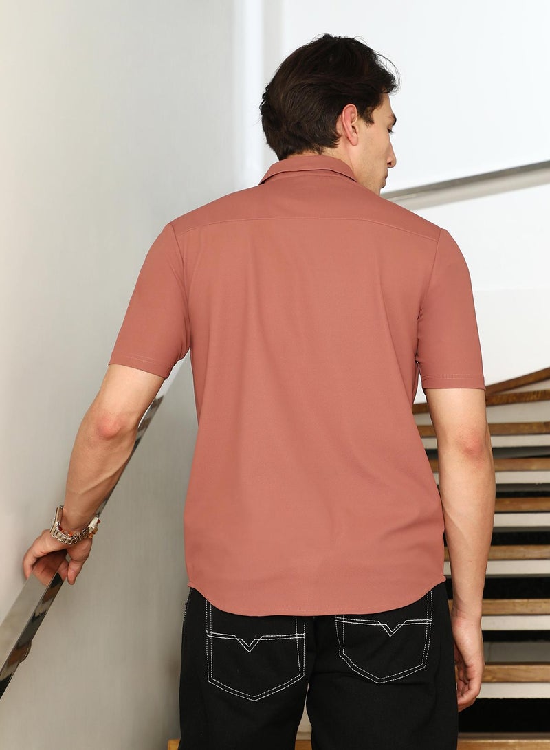Campus Sutra Campus Sutra Men's Mousse Brown Seamless Waffle-Knit Shirt | Slim Fit Short Sleeve Cuban Collar Solid Pattern | Premium Nylon Blend & Breathable Stretchable Fabric For Club & Casual Wear  - Image 5