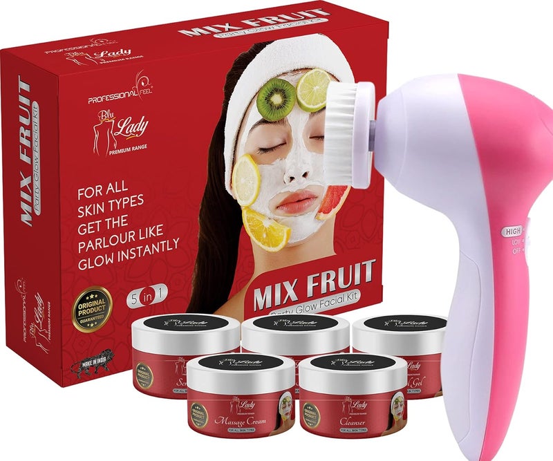 Blu Lady Professional Mix Fruit Facial Kit with Face Massager for Facial lotus Papaya Party Glow Instant Glow Ever in India All Type Skin Fairness Set of 6 275 G - Image 1