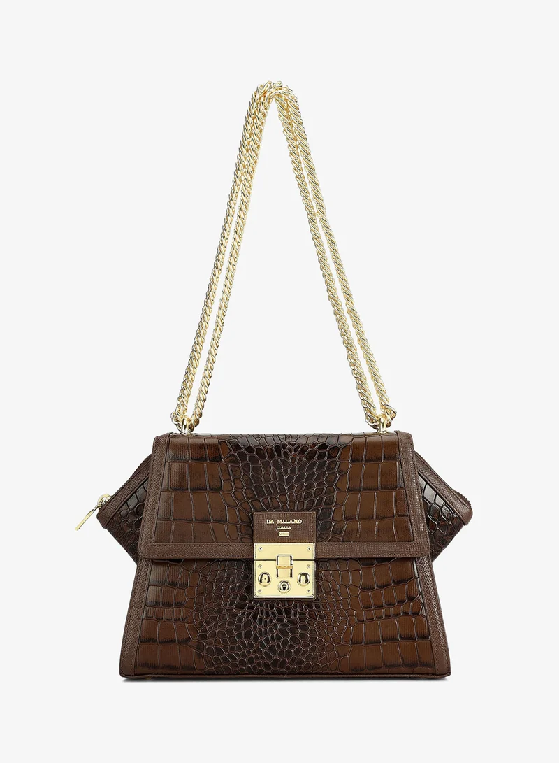Da Milano Small Croco Leather Shoulder Bag - Walnut