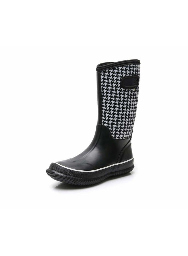 WTW Womens Mid Calf Rain Boots - Waterproof Insulated Neoprene Rubber Boots Mud Outdoor Hunting Garden Boots, Houndstooth, 9 - Image 1