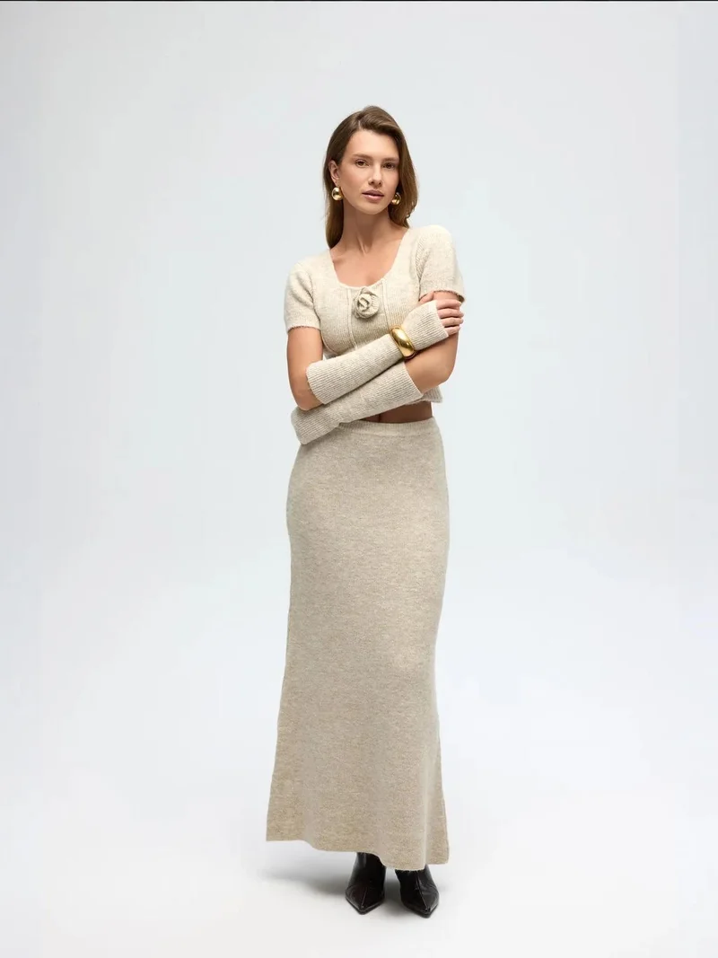 MAI Ribbed Knit Two-Piece Set with High-Waist Skirt