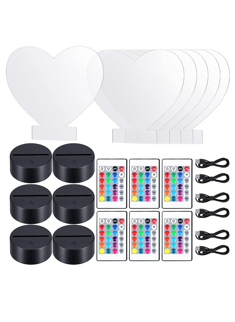 Generic - 3D Night LED Light Lamp Bases Including 6 Light Display Stands 6 Clear Acrylic Sheets 6 Remote Controls 6 Charging Cables, Adjustable 16 Colors 4 Modes Acrylic Lamp Base 6 Sets Heart Style - Image 1