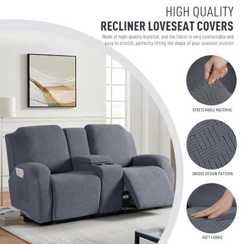 KinCam Loveseat Recliner Covers with Middle Console Slipcover, Recliner Sofa Covers 2 Seat Couch Cover Stripe Jacquard Furniture Protector Covers with Elastic Bottom for Kids, Pets (Dark Gray) - Image 2