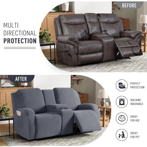 KinCam Loveseat Recliner Covers with Middle Console Slipcover, Recliner Sofa Covers 2 Seat Couch Cover Stripe Jacquard Furniture Protector Covers with Elastic Bottom for Kids, Pets (Dark Gray) - Image 3