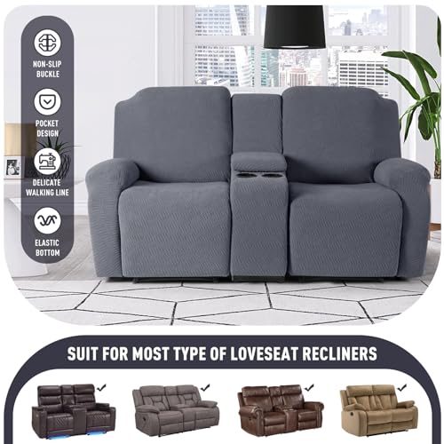 KinCam Loveseat Recliner Covers with Middle Console Slipcover, Recliner Sofa Covers 2 Seat Couch Cover Stripe Jacquard Furniture Protector Covers with Elastic Bottom for Kids, Pets (Dark Gray) - Image 4