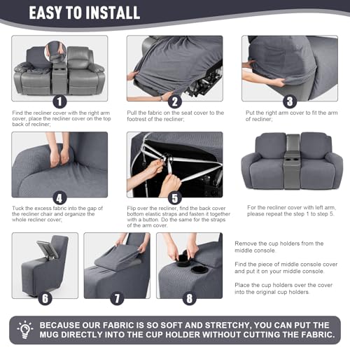 KinCam Loveseat Recliner Covers with Middle Console Slipcover, Recliner Sofa Covers 2 Seat Couch Cover Stripe Jacquard Furniture Protector Covers with Elastic Bottom for Kids, Pets (Dark Gray) - Image 5