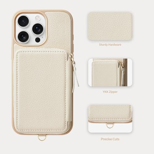 ZVE Compatible with iPhone 16 Pro Max Wallet Case, Zipper Leather Card Holder with RFID Blocking with Wrist Strap for Women for iPhone 16 Pro Max, 6.9"-Beige - Image 5