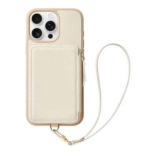 ZVE Compatible with iPhone 16 Pro Max Wallet Case, Zipper Leather Card Holder with RFID Blocking with Wrist Strap for Women for iPhone 16 Pro Max, 6.9"-Beige - Image 1