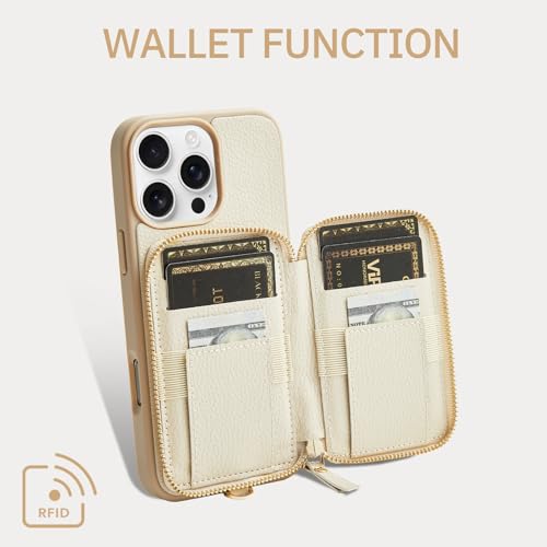 ZVE Compatible with iPhone 16 Pro Max Wallet Case, Zipper Leather Card Holder with RFID Blocking with Wrist Strap for Women for iPhone 16 Pro Max, 6.9"-Beige - Image 2