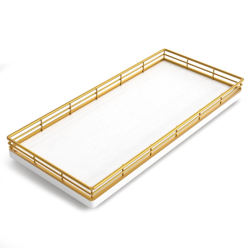 Focusonit Bathroom Toilet Tank Tray  13"" Wood Toilet Paper Storage Basket Tray Back Of Toilet Basket Organizer Vanity Tray For Perfume Makeup Candle Decor  Gold & White - Image 1