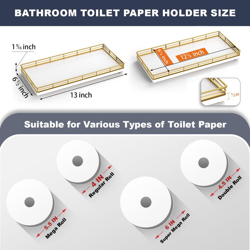 Focusonit Bathroom Toilet Tank Tray  13"" Wood Toilet Paper Storage Basket Tray Back Of Toilet Basket Organizer Vanity Tray For Perfume Makeup Candle Decor  Gold & White - Image 3