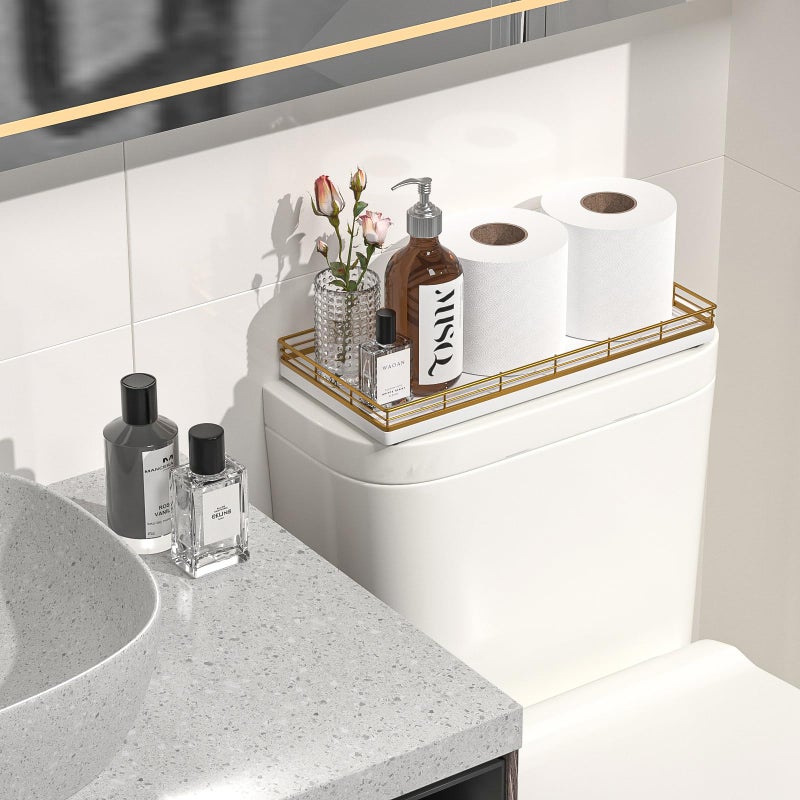 Focusonit Bathroom Toilet Tank Tray  13"" Wood Toilet Paper Storage Basket Tray Back Of Toilet Basket Organizer Vanity Tray For Perfume Makeup Candle Decor  Gold & White - Image 2