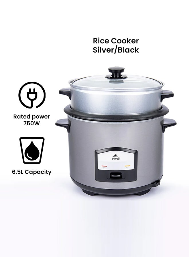 evvoli 2 In 1 Rice Cooker with Steamer Up To 12 Cup Of Rise non-stick 6 L 750 W EVKA-RC6501S Silver/Black - Image 2