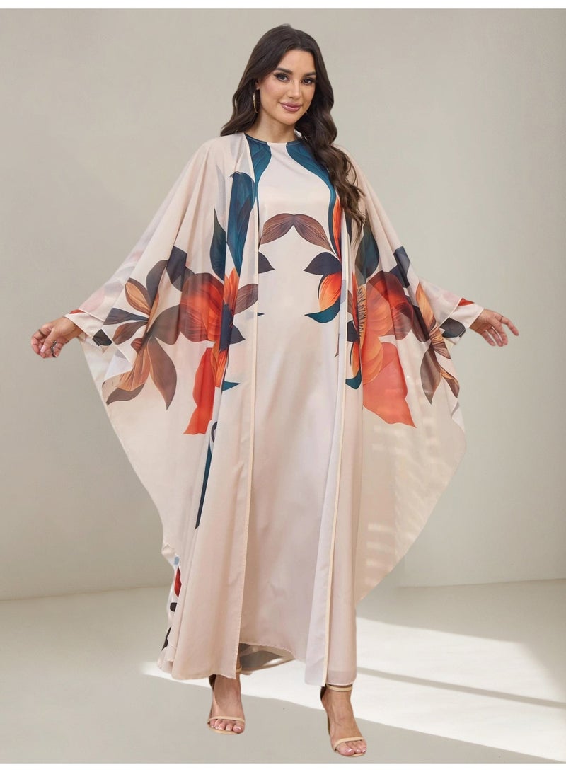 Kaiyuede 2 Piece Floral Print Kaftan Abaya Set | Inner Long Sleeve Maxi Dress + Outer Batwing Cape Shawl | Dubai Elegant Jalabiya Ramadan Eid Evening Modest Wear S-XL - Image 1