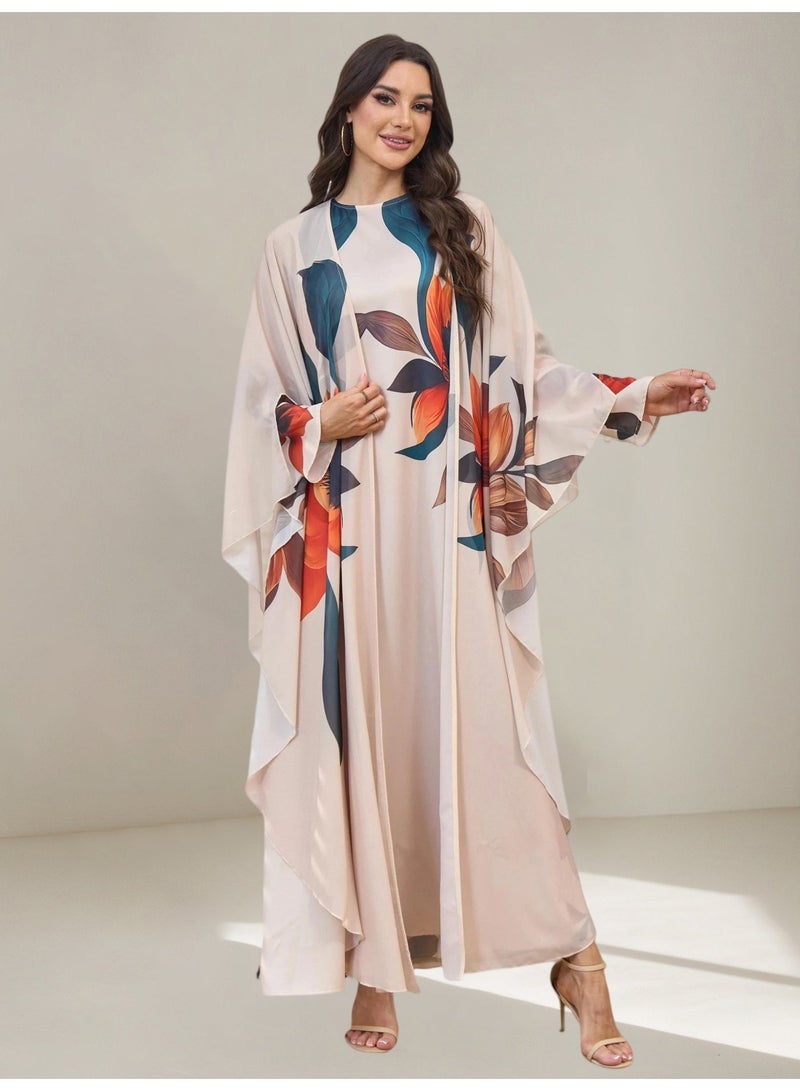 Kaiyuede 2 Piece Floral Print Kaftan Abaya Set | Inner Long Sleeve Maxi Dress + Outer Batwing Cape Shawl | Dubai Elegant Jalabiya Ramadan Eid Evening Modest Wear S-XL - Image 3