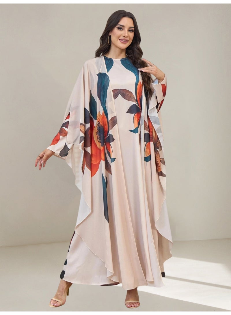 Kaiyuede 2 Piece Floral Print Kaftan Abaya Set | Inner Long Sleeve Maxi Dress + Outer Batwing Cape Shawl | Dubai Elegant Jalabiya Ramadan Eid Evening Modest Wear S-XL - Image 4