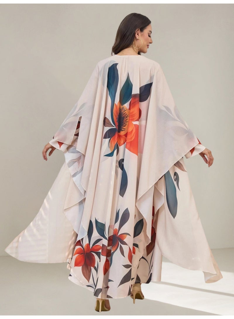 Kaiyuede 2 Piece Floral Print Kaftan Abaya Set | Inner Long Sleeve Maxi Dress + Outer Batwing Cape Shawl | Dubai Elegant Jalabiya Ramadan Eid Evening Modest Wear S-XL - Image 5