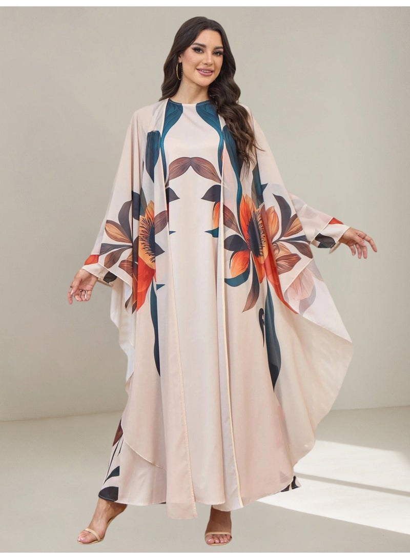 Kaiyuede 2 Piece Floral Print Kaftan Abaya Set | Inner Long Sleeve Maxi Dress + Outer Batwing Cape Shawl | Dubai Elegant Jalabiya Ramadan Eid Evening Modest Wear S-XL - Image 2