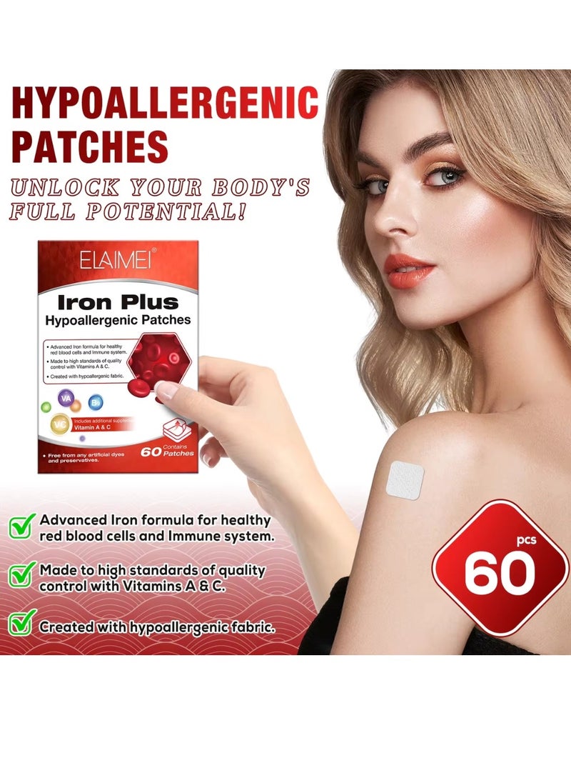 60 Pcs Iron Plus Hypoallergenic Patches Advanced Iron Formula for Healthy Red Blood Cells and Immune System Vitamin A and C Iron Patches