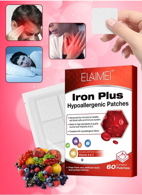 60 Pcs Iron Plus Hypoallergenic Patches Advanced Iron Formula for Healthy Red Blood Cells and Immune System Vitamin A and C Iron Patches