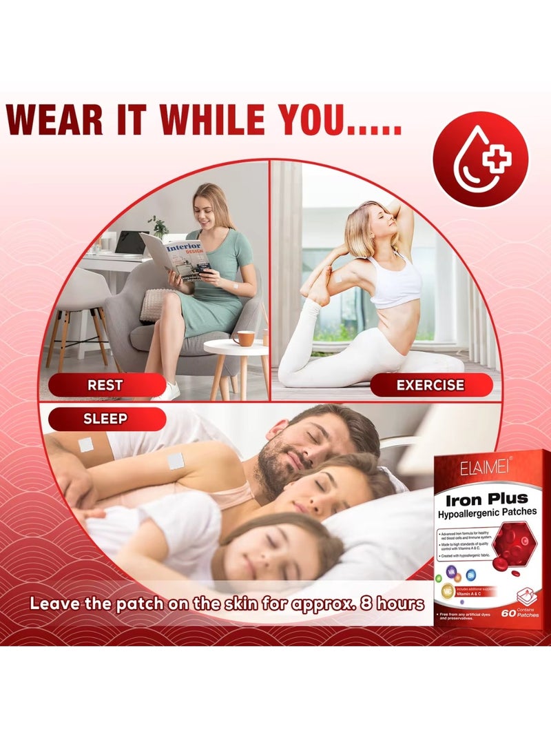 60 Pcs Iron Plus Hypoallergenic Patches Advanced Iron Formula for Healthy Red Blood Cells and Immune System Vitamin A and C Iron Patches