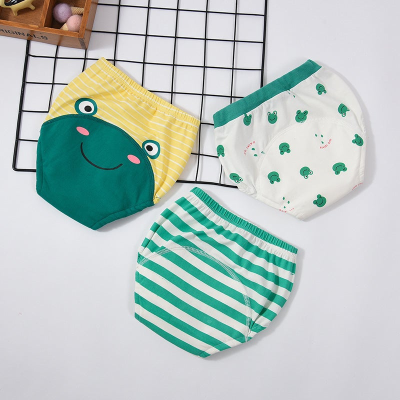 6-Layer Cotton Baby Training Pants Green frog (three pack) 