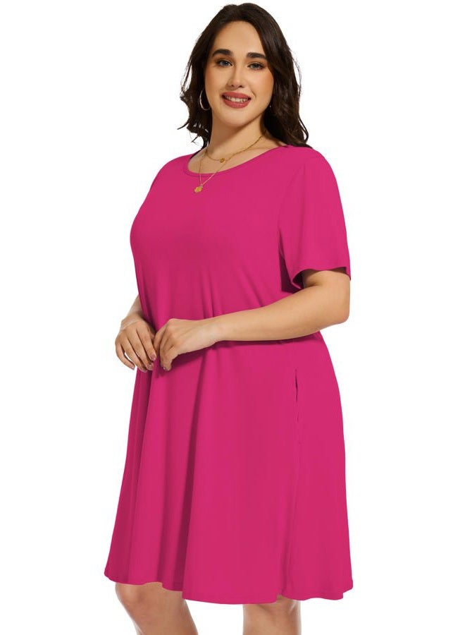 elescat Plus Size Summer Dresses for Women Casual Short Sleeve Pockets Loose Oversized T Shirt Sundress, Rose Red, 3XL - Image 3